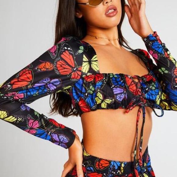 JADED LONDON Butterfly Puff Sleeve Lace‎ Up Crop Top Festival Black Women's 4 - Picture 1 of 10